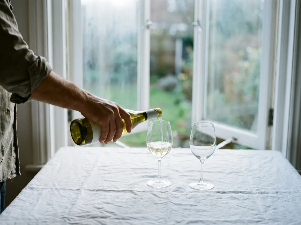 Eine Hand schenkt Weißwein am offenen Fenster ein