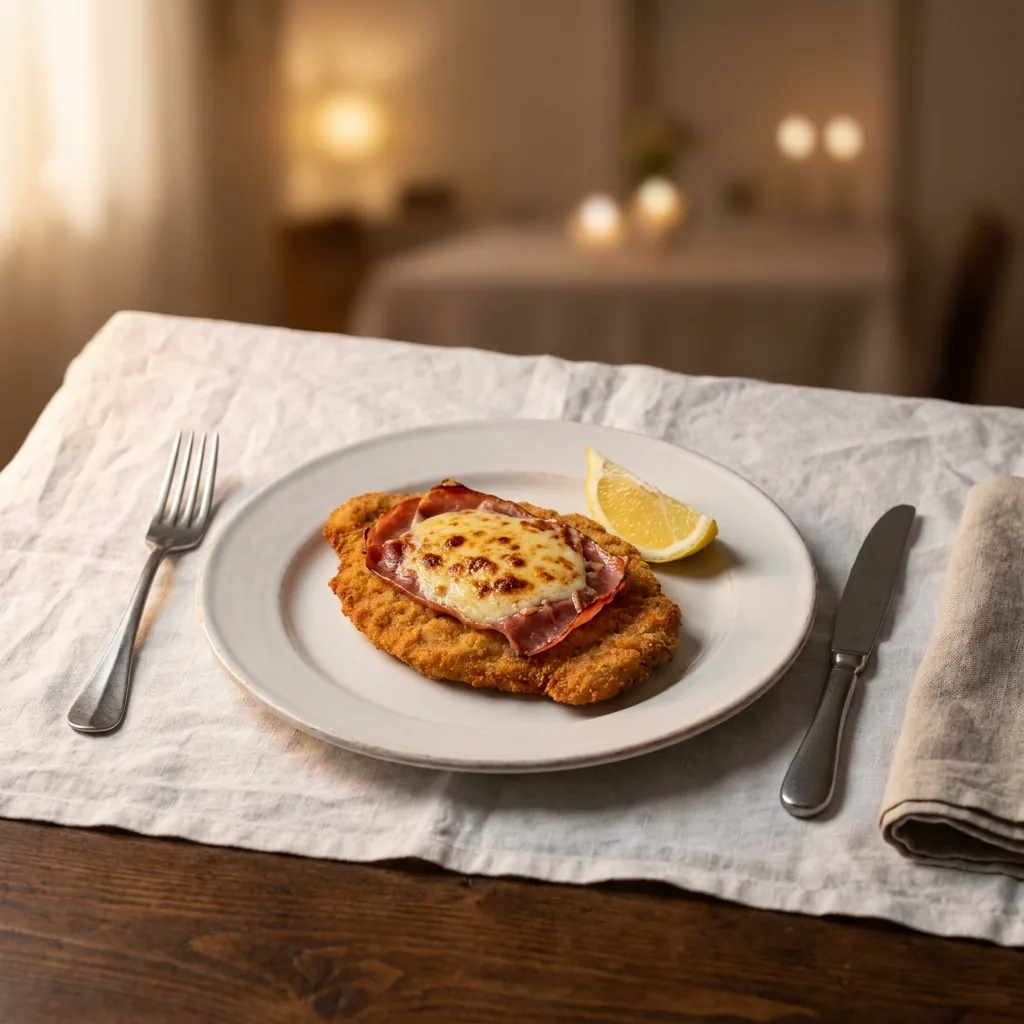 Cotoletta alla Bolognese mit einer Zitronenspalte