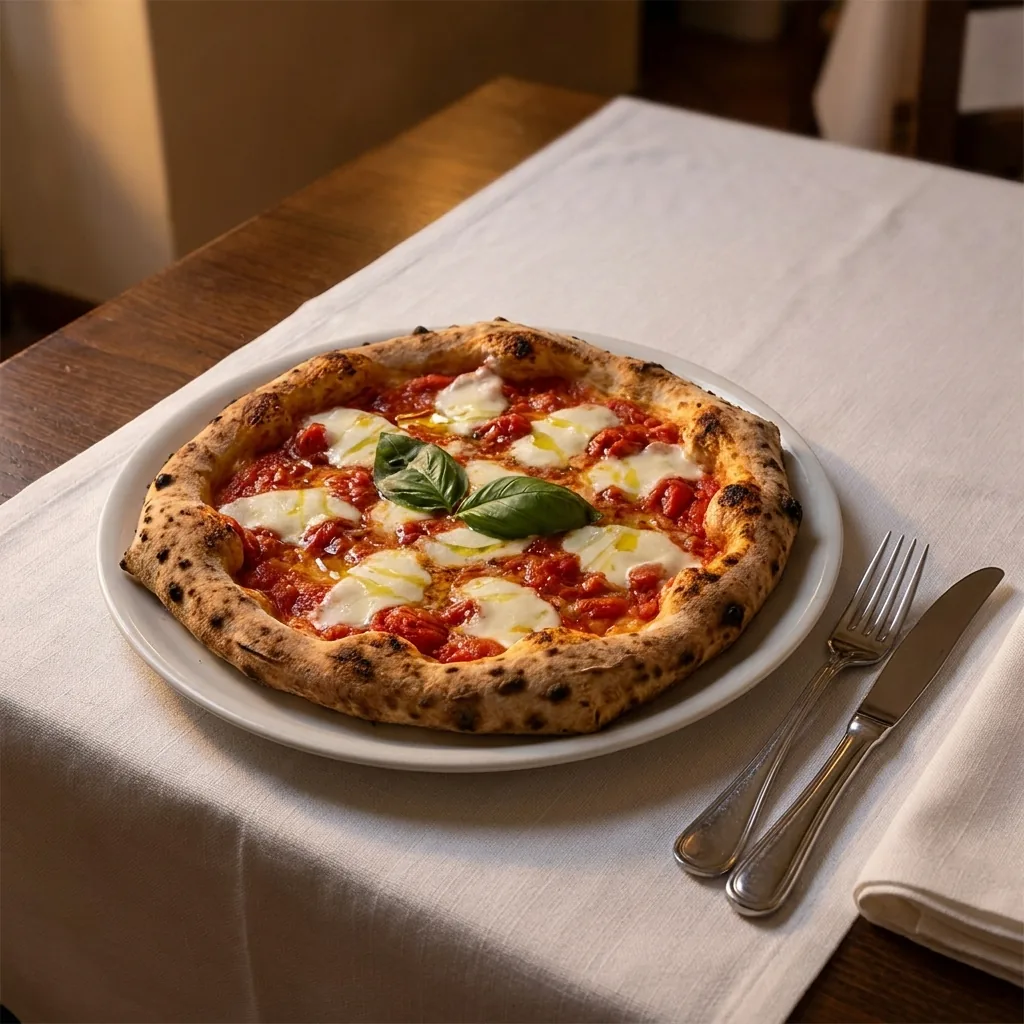 Pizza Margherita mit dunkel geflecktem Rand auf weißem Teller