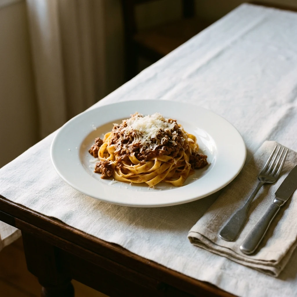 Tagliatelle al Ragù mit geriebenem Parmigiano auf weißem Teller