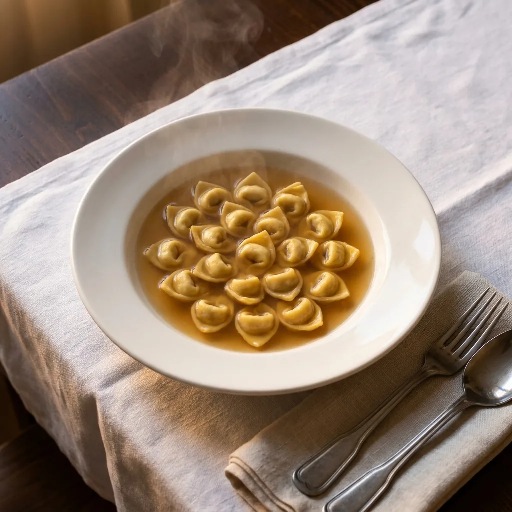 Tortellini in Brodo in einer flachen weißen Suppentasse