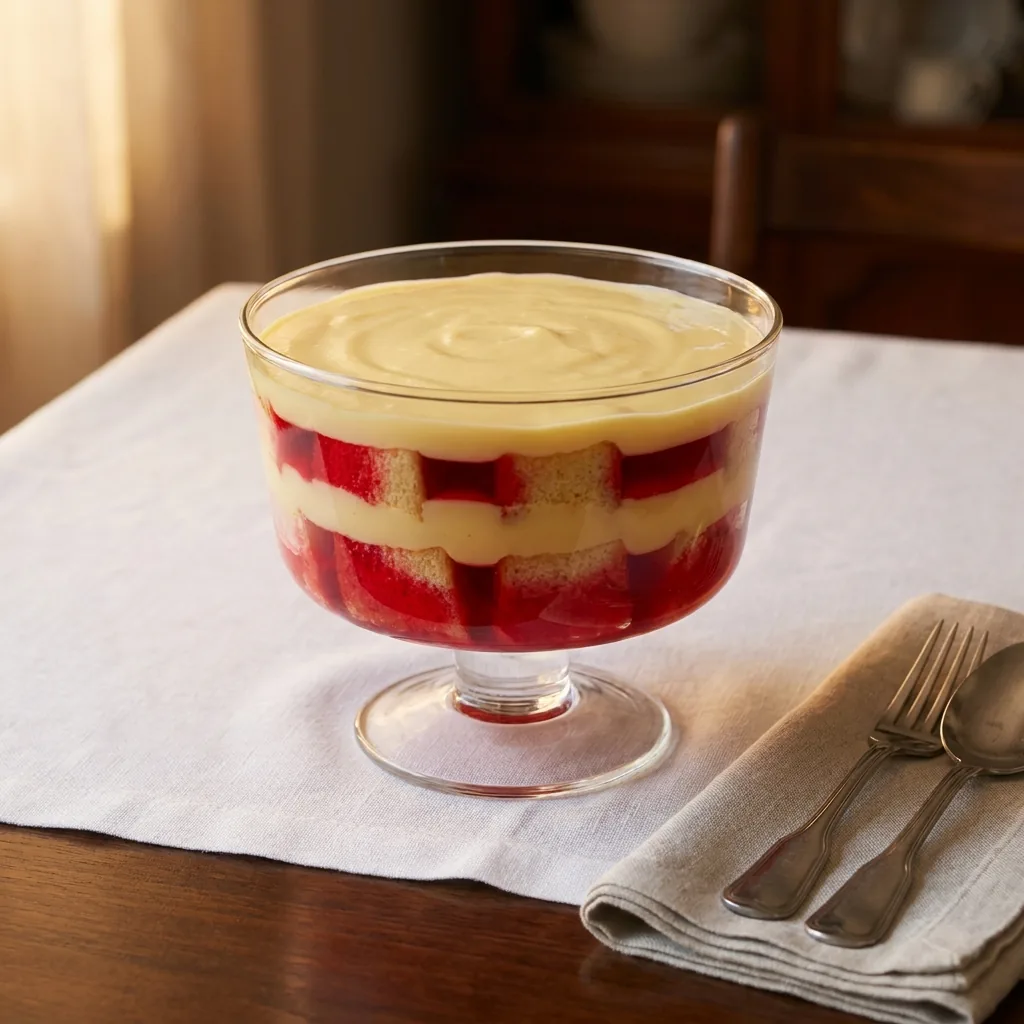 Zuppa Inglese in einer Glasschale, die Schichten von der Seite