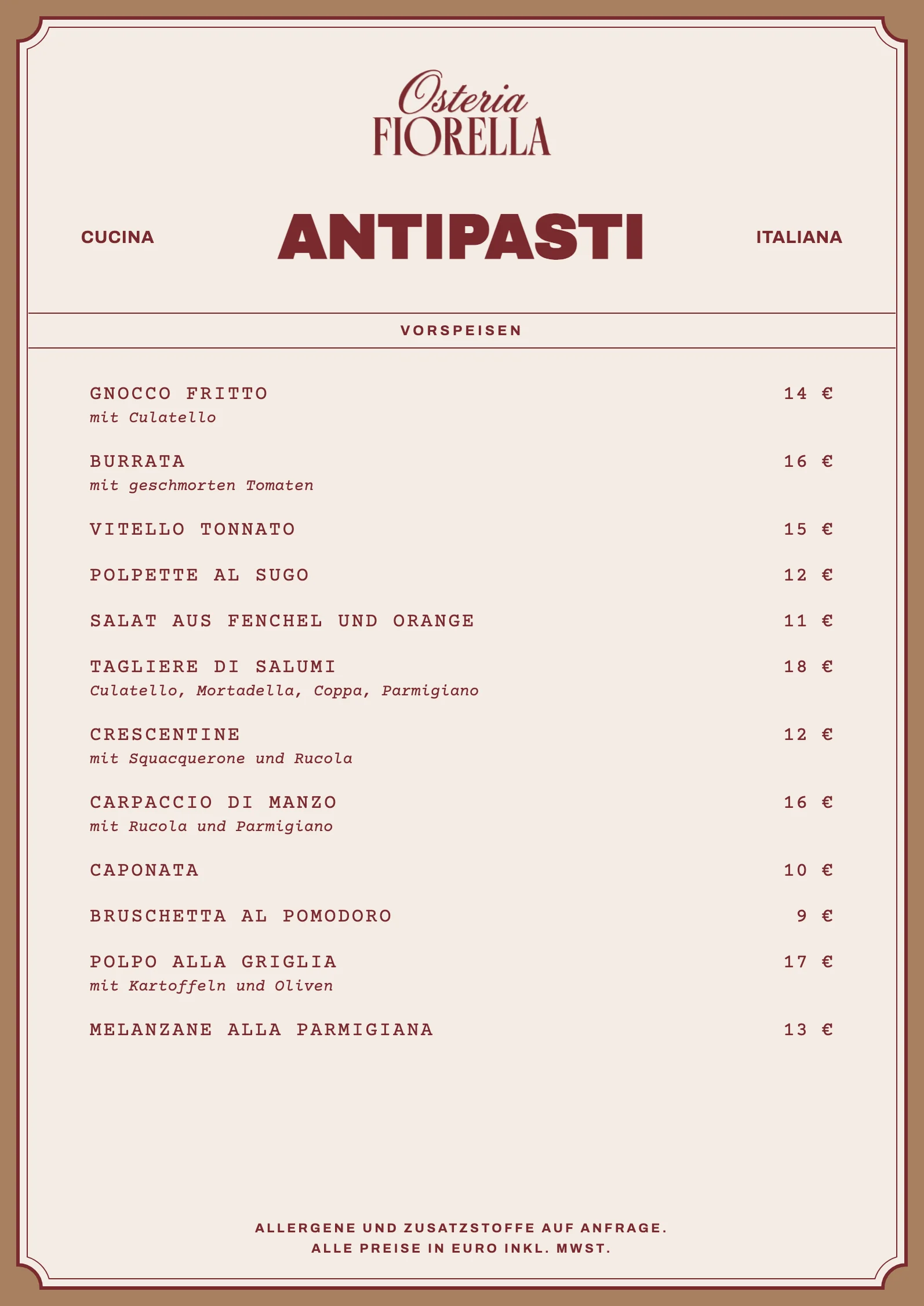Speisekarte Antipasti mit 12 Vorspeisen und Preisen