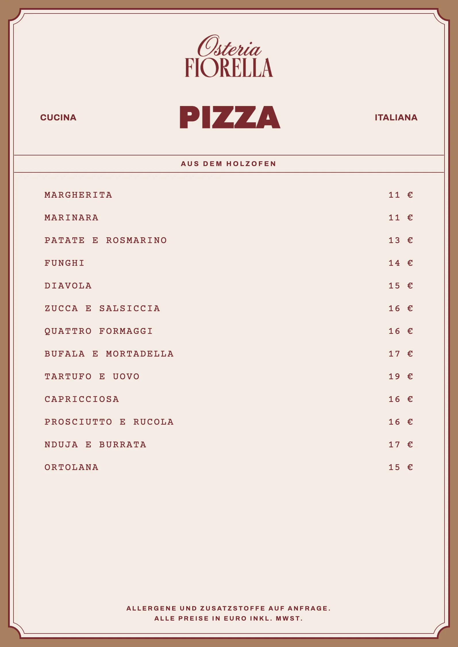 Speisekarte mit 13 Pizzen aus dem Holzofen und Preisen
