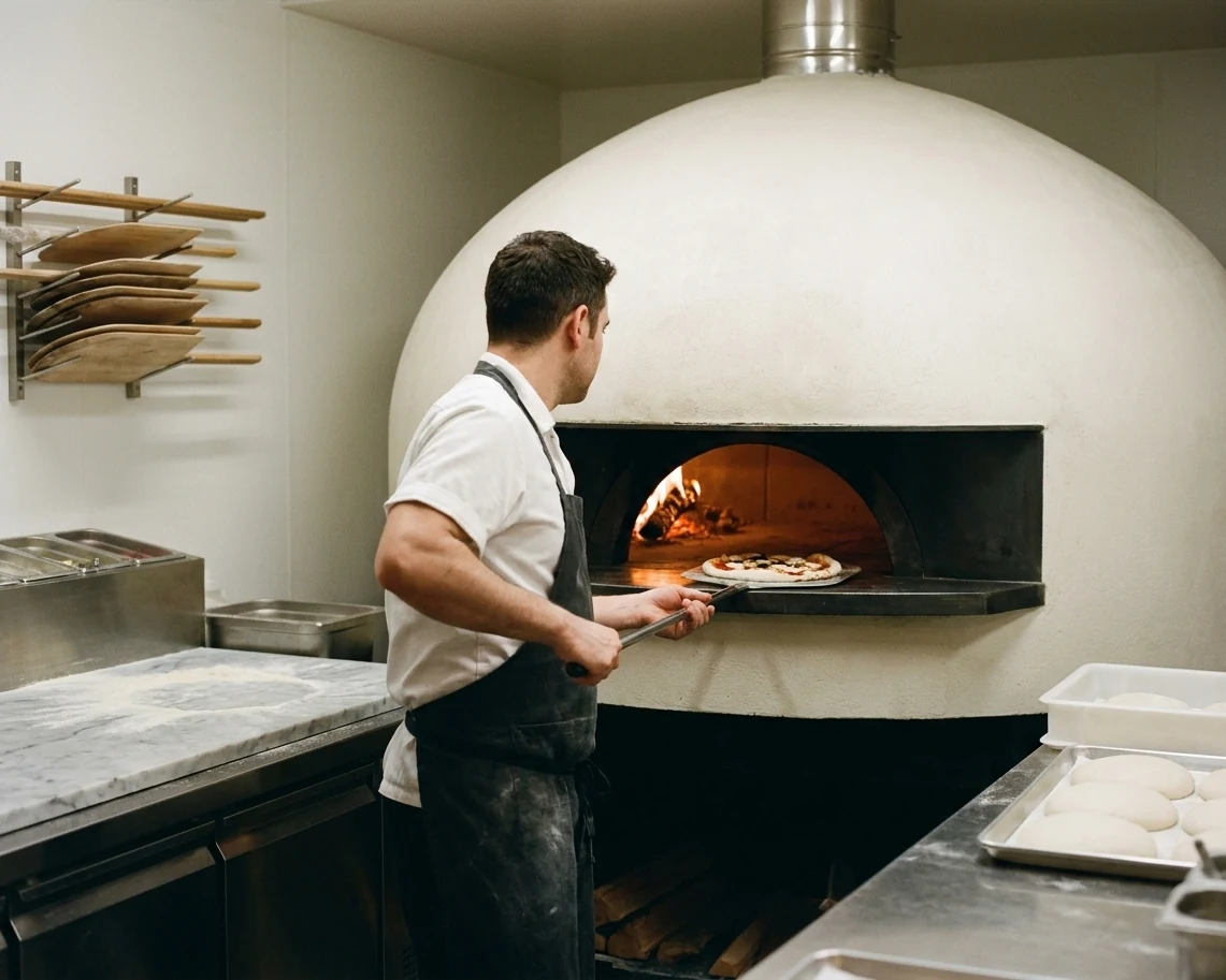 Eine Pizza wird mit dem Schieber in den Kuppelofen geschoben