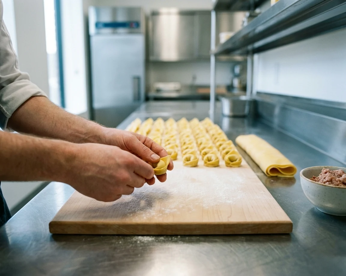 Hände legen frisch gedrehte Tortellini in Reihen auf das Brett