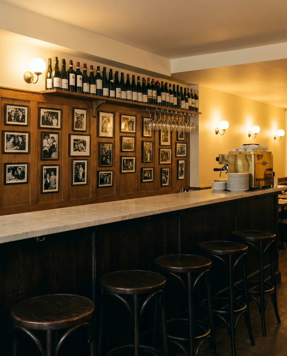 Die Theke mit Barhockern, dahinter das Weinbord an der Wand