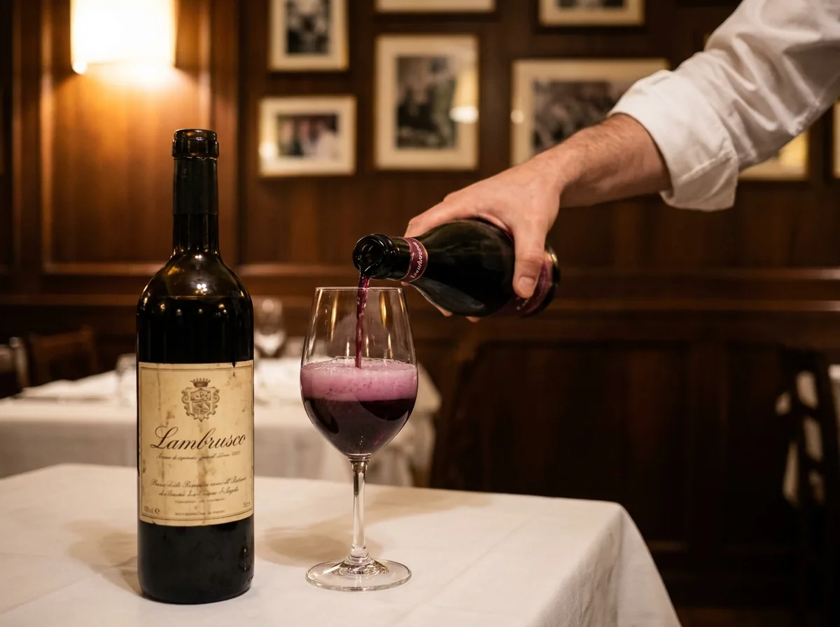 Eine Flasche Lambrusco, daneben wird ein Glas eingeschenkt