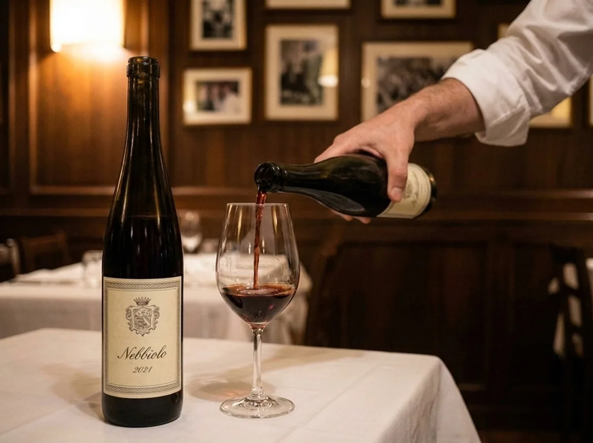 Rotwein aus dem Piemont, Flasche und zwei Gläser auf weißem Leinen