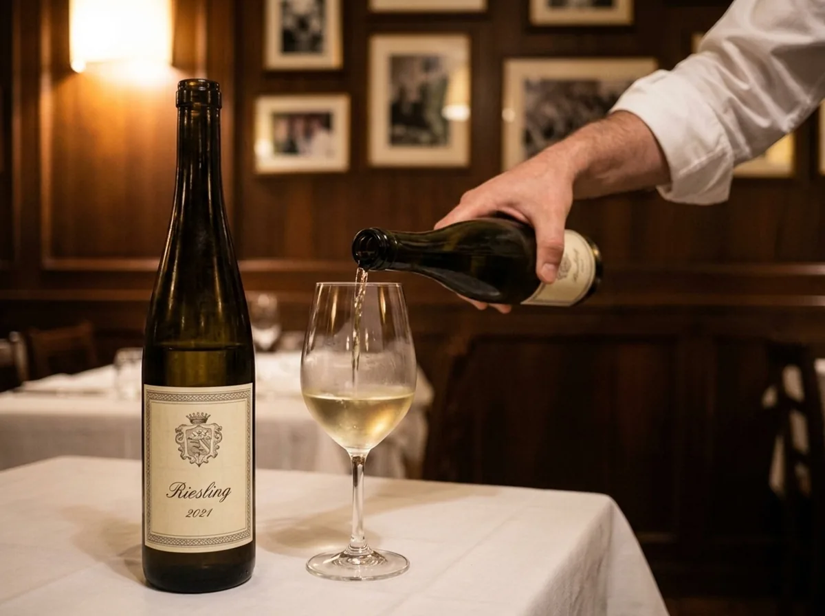 Eine Flasche Riesling, daneben wird ein Glas eingeschenkt