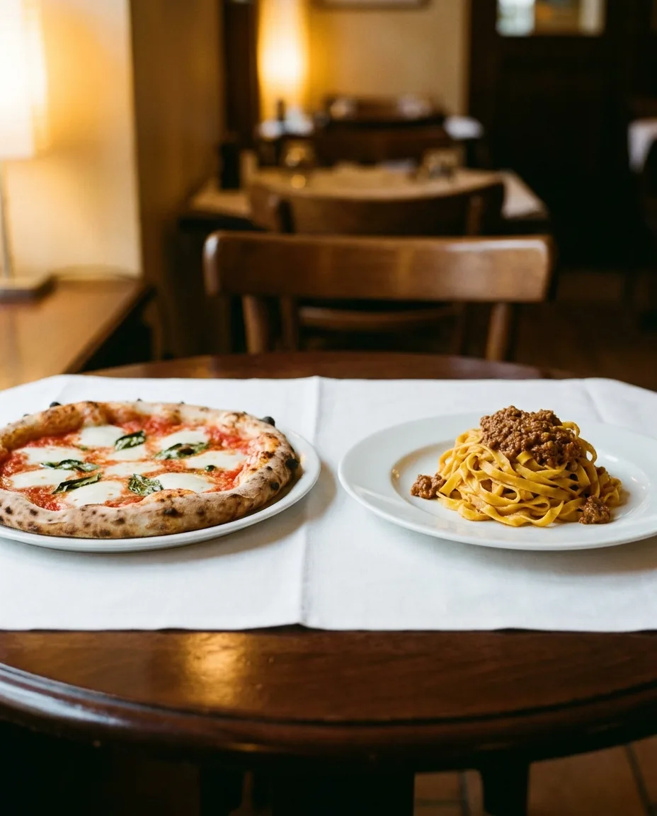 Eine Pizza und ein Teller Tagliatelle nebeneinander auf dem Tisch